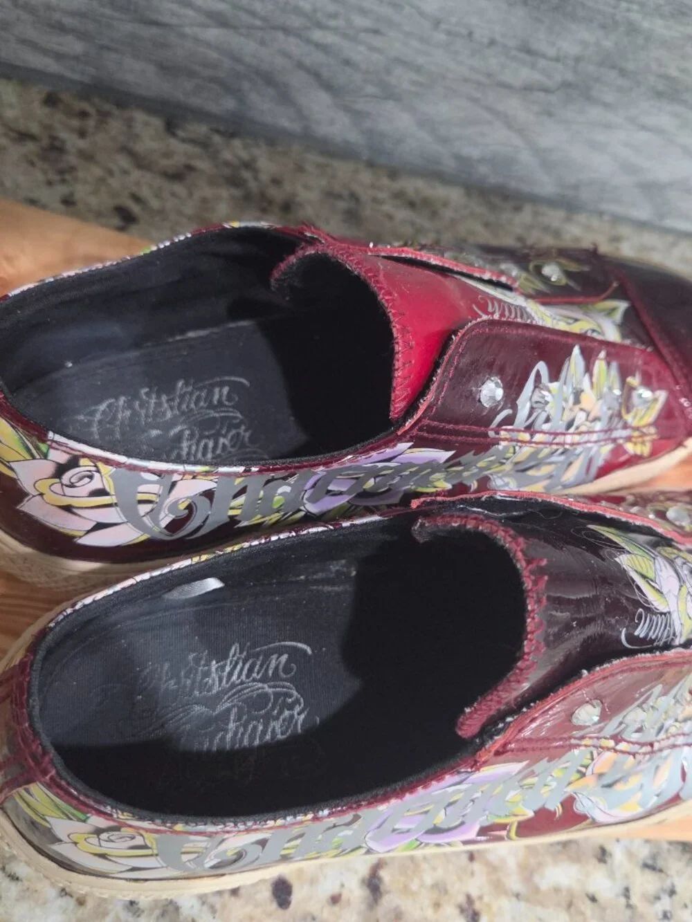 Christian Audigier Womens Sneakers Size 9 US Tattoo Maroon Patent Leather Y2K